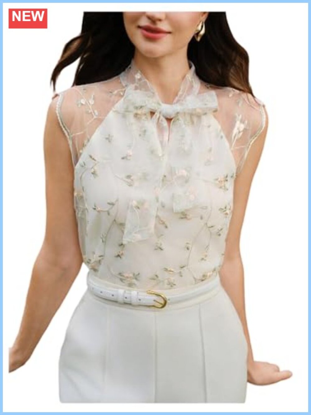 Sheer Floral Embroidered Mock Neck Sleeveless Blouse